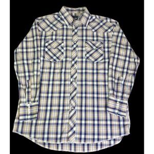 Wrangler Single Needle Mens Blue Plaid Pearl Snap Long Tail‎ Size XL